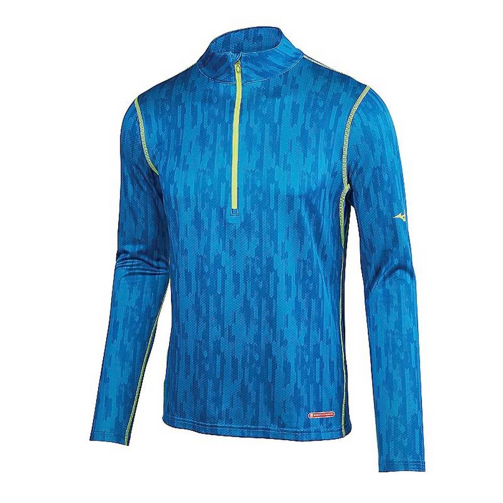 Base Layer Mizuno Breath Thermo Half Zip - Homem - Azuis/Amarelas - MZVRF9538